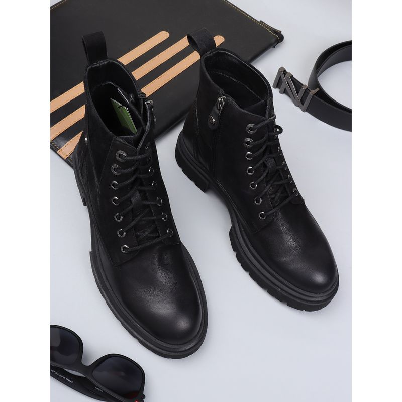 EZOK Men Black Solid Pattern Lace Up Leather Boots (UK 6)