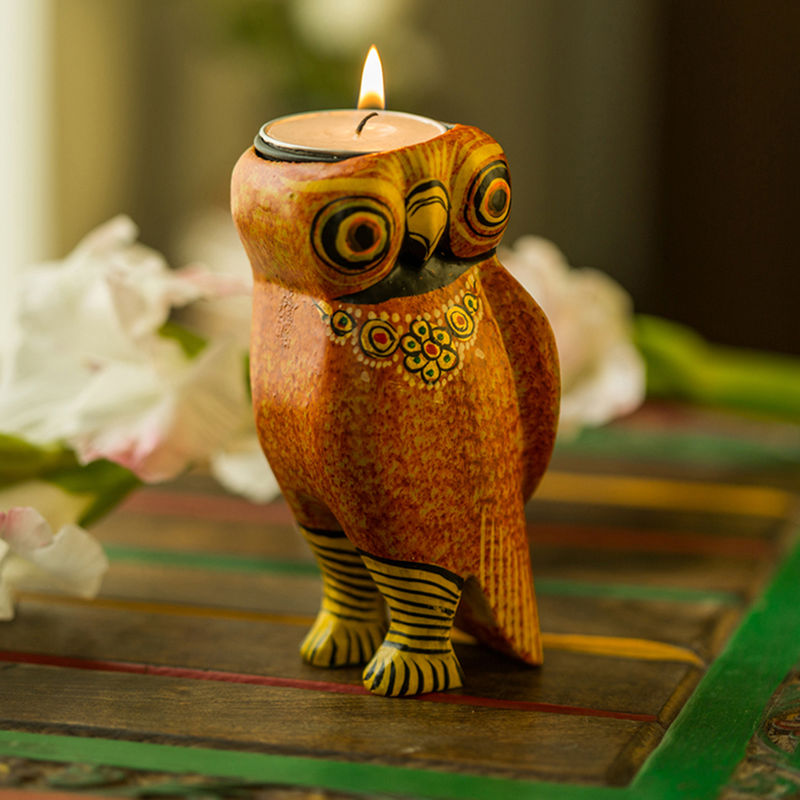 Buy ExclusiveLane Handmade & HandPainted Owl TeaLight Holder In Wood