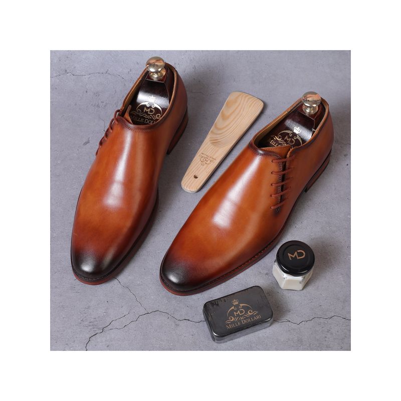 Mille Dollari Men Side Lace-Up Whole cut Oxfords In Cognac - Brown (UK 5)
