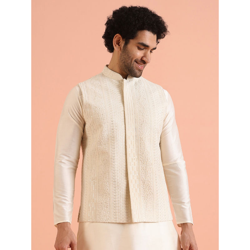 KISAH Men Off White Embroidered Chikankari Nehru Jacket (42)