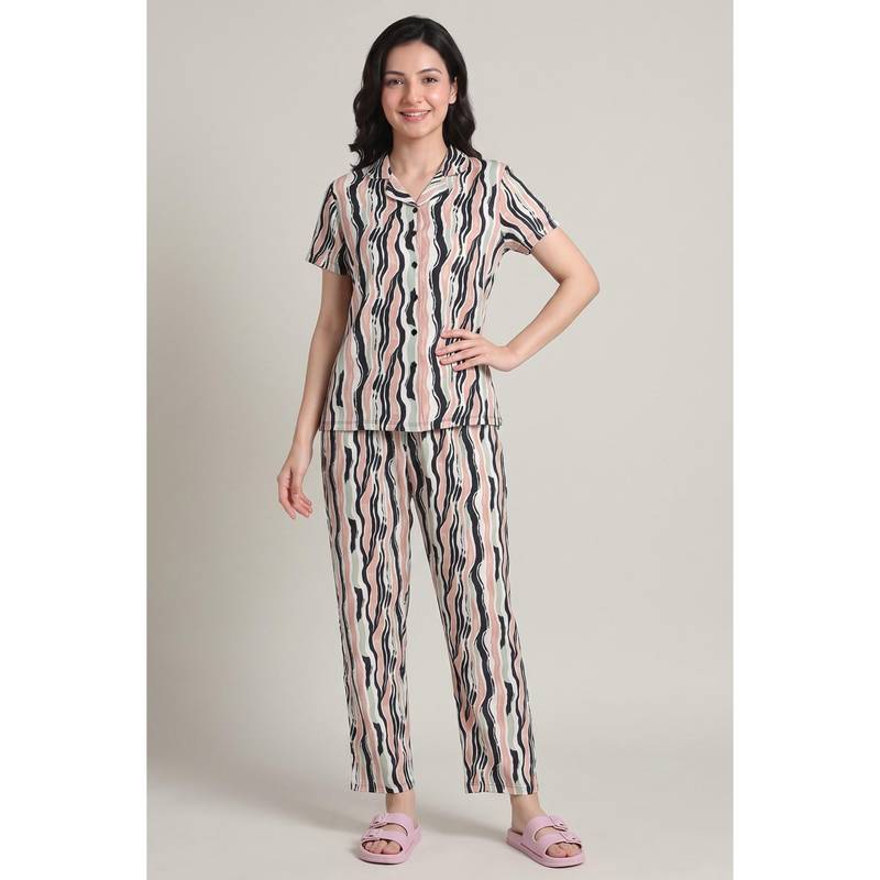 Zivame Multi-Color Naps Collection Knit Poly Shirt with Pyjama (2XL)