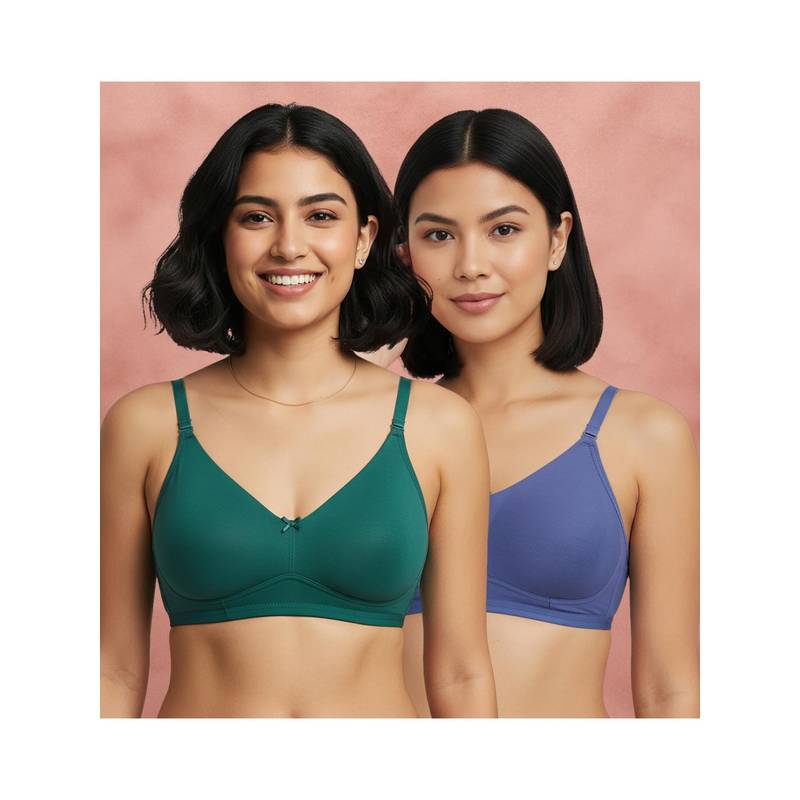 Shyaway Green-Blue Non Padded Wirefree Seamless Full Coverage Cotton T-shirt Bra (Pack of 2) (32C)