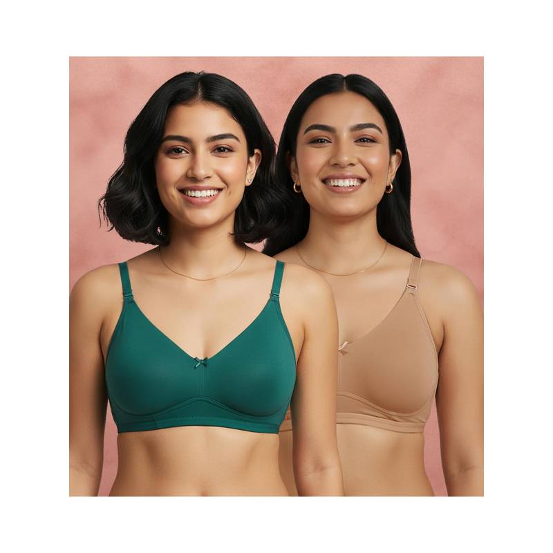Shyaway Green-Beige Non Padded Wirefree Seamless Full Coverage Cotton T-shirt Bra (Pack of 2) (32D)