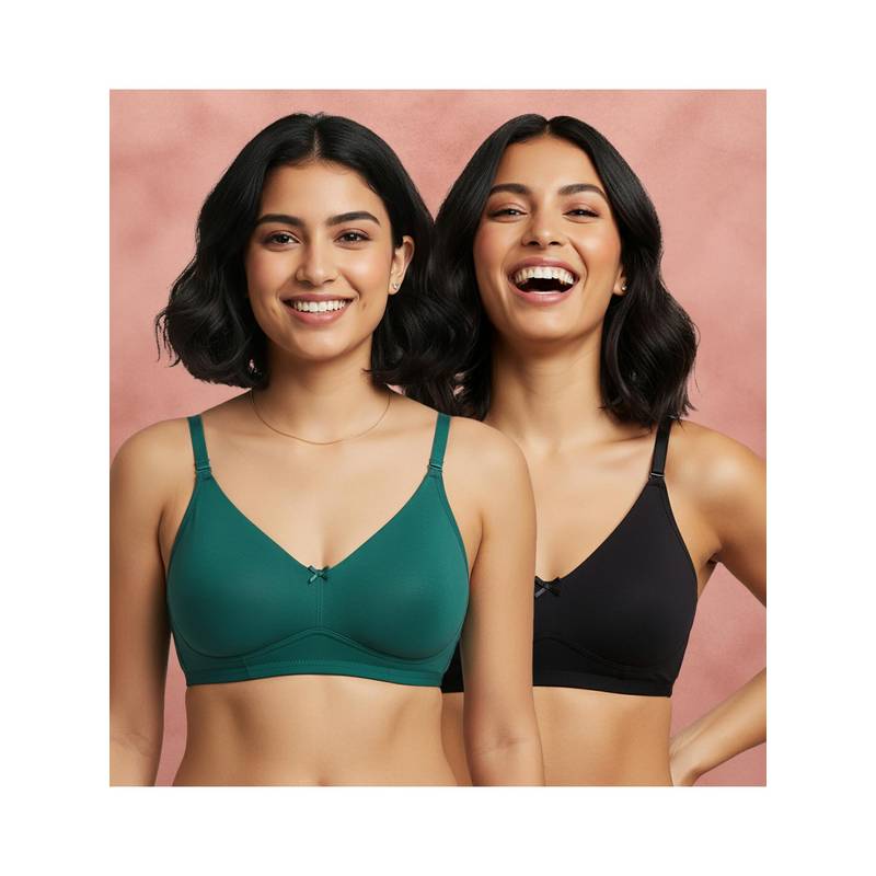 Shyaway Green-Black Non Padded Wirefree Seamless Full Coverage Cotton T-shirt Bra (Pack of 2) (32B)