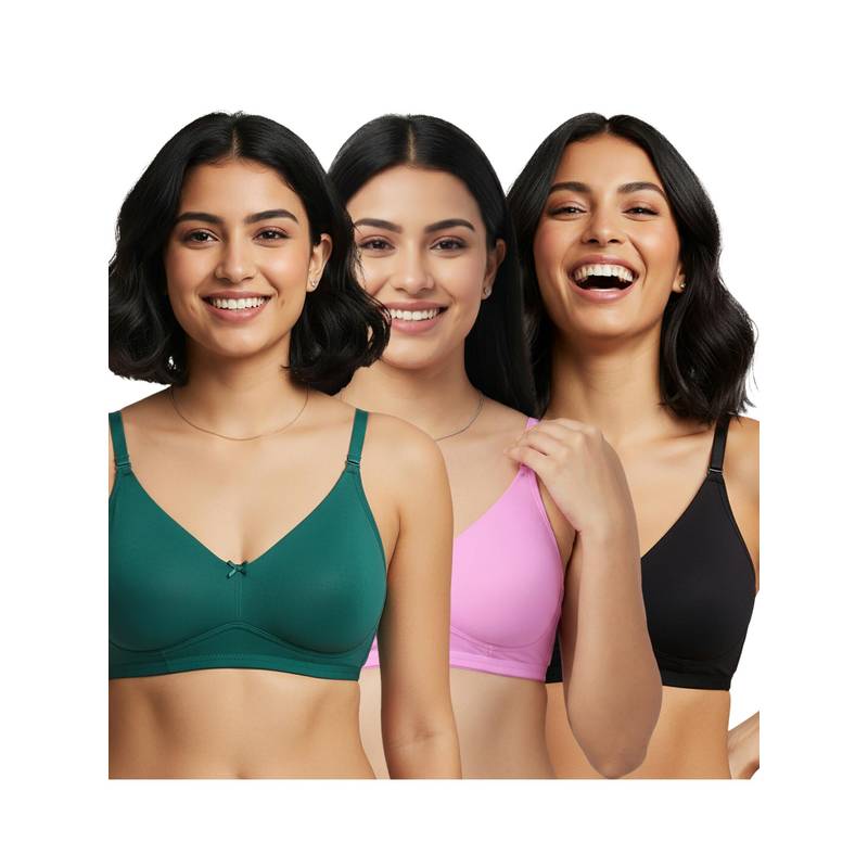 Shyaway Multi-Color Non Padded Wirefree Seamless Full Coverage Cotton T-shirt Bra (Pack of 3) (32B)