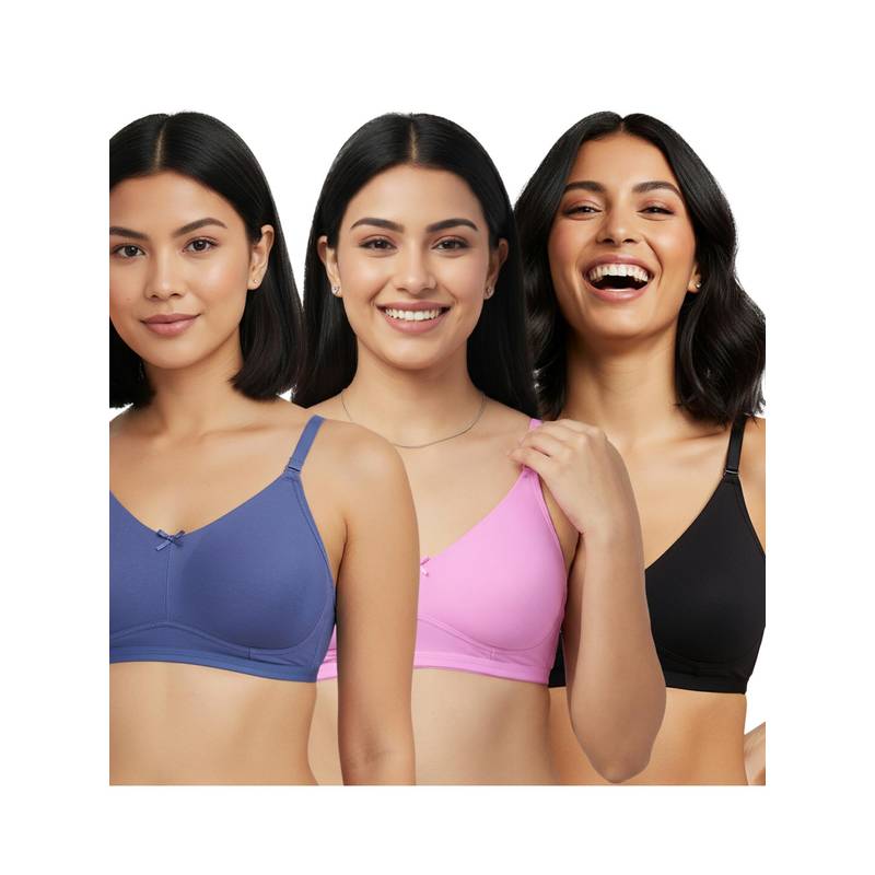 Shyaway Multi-Color Non Padded Wirefree Seamless Full Coverage Cotton T-shirt Bra (Pack of 3) (32C)