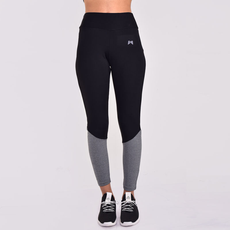 Muscle Torque Women Gym/Yoga Tight - Black With Grey Melange At Bottom (S)
