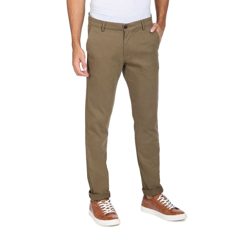 Arrow Sports Men Khaki Low Rise Solid Bronson Slim Fit Casual Trousers (32)