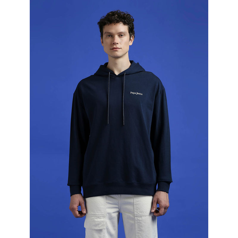 Pepe Jeans Navy Back Print Full Sleeve Hooded Sweatshirt (XL)