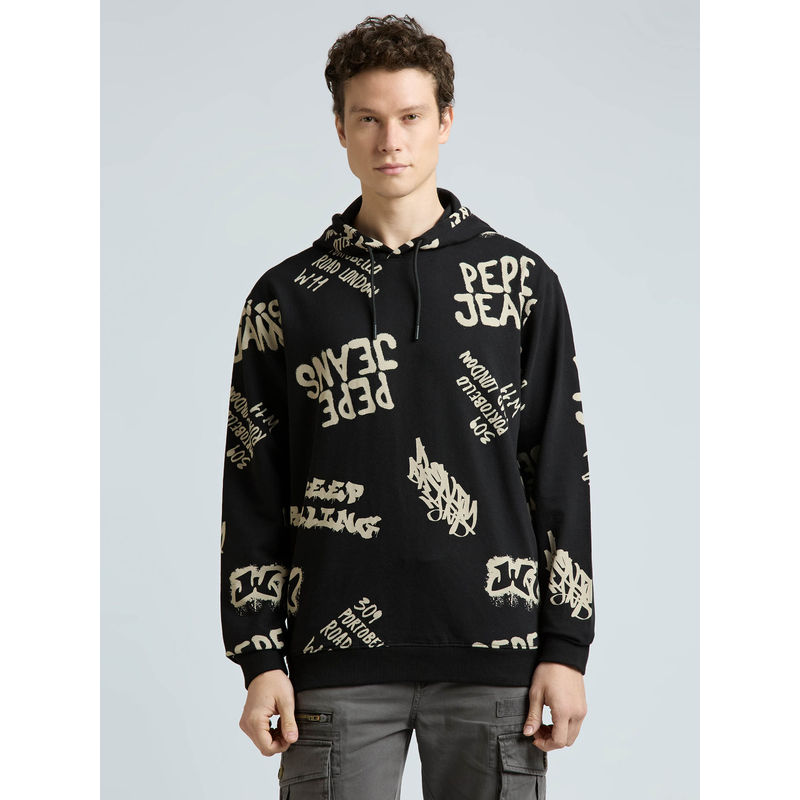 Pepe Jeans Black Graffiti Print Full Sleeve Oversized Sweatshirt (M)