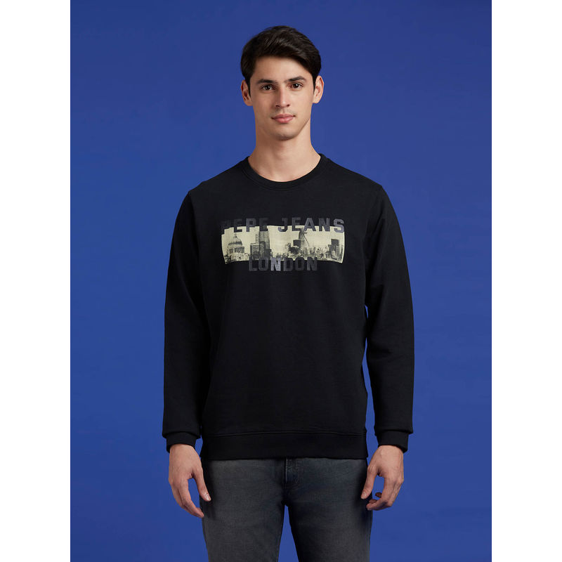 Pepe Jeans Black Graphic Print Full Sleeve Sweatshirt (2XL)
