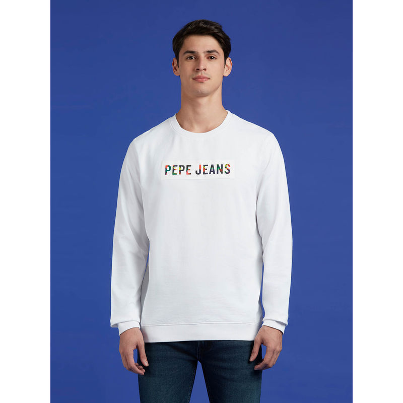 Pepe Jeans White Crew Neck Full Sleeve Sweatshirt (XL)