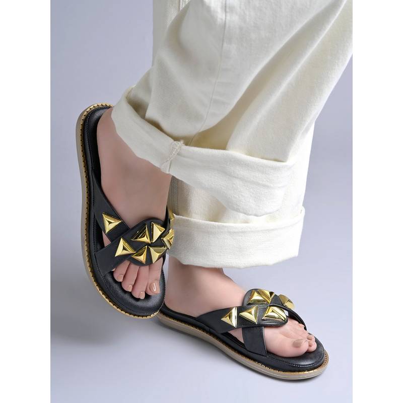 Shoetopia Women Black Pyramid Studded Crossover Flats (EURO 36)