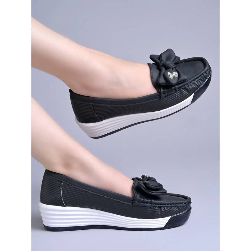 Shoetopia Women Bow Embellished Wedge Loafers - Black (EURO 36)