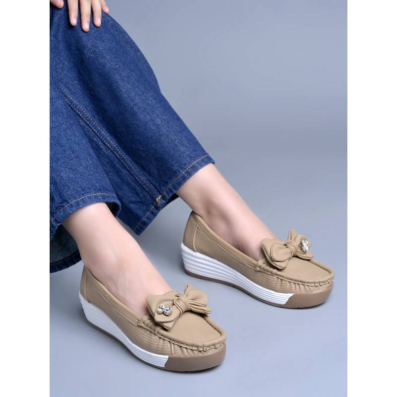 Shoetopia Women Bow Embellished Wedge Loafers - Beige (EURO 36)