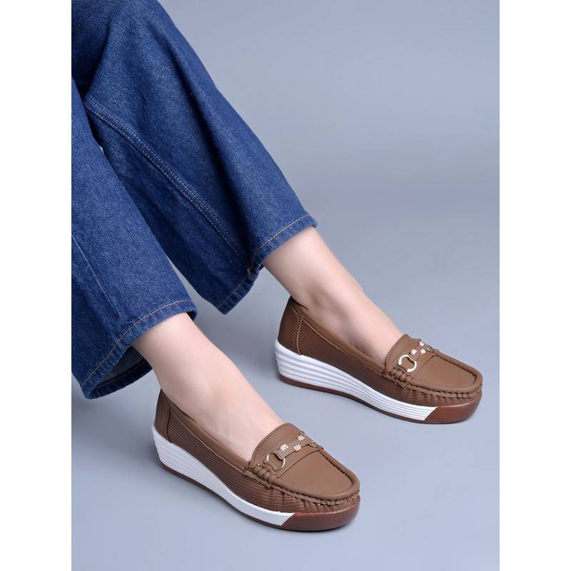Shoetopia Women Buckle Accent Wedge Loafers - Brown (EURO 36)