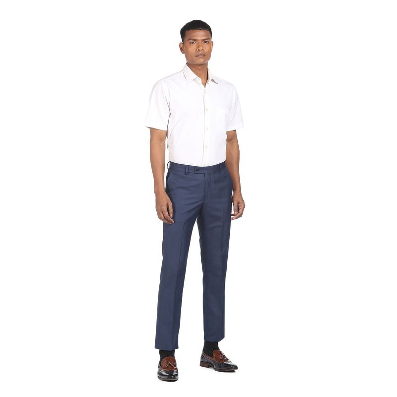 Buy Arrow Men Navy Blue Hudson Tailored Fit Solid Formal Trousers Online