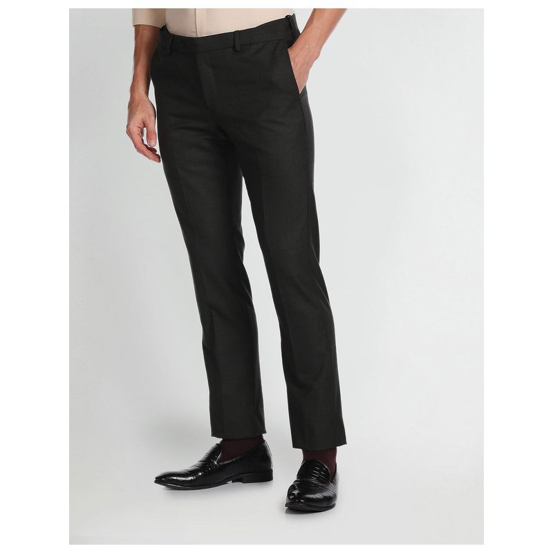 Arrow Solid Pattern Weave Wool Blend Black Trousers (32)