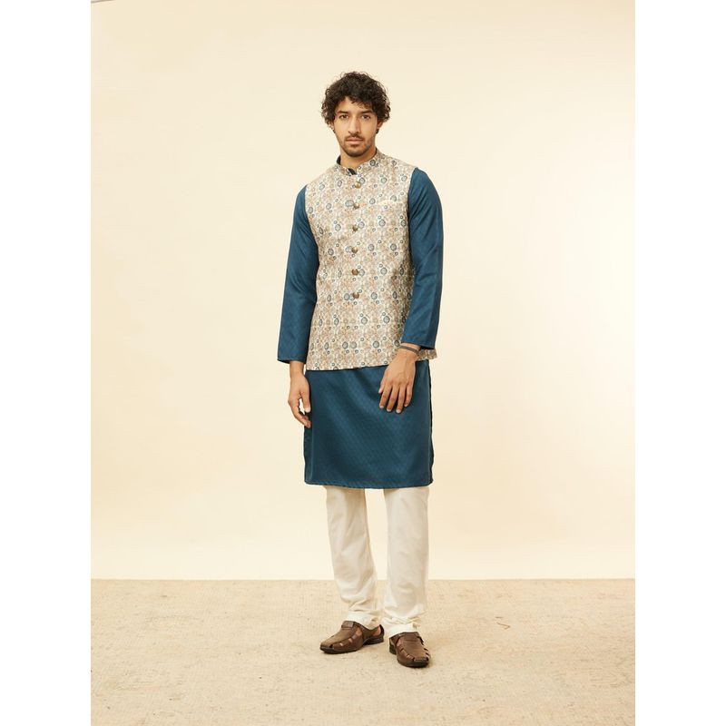 Manyavar Mens Beige Blended Cotton Printed Jacket (M)