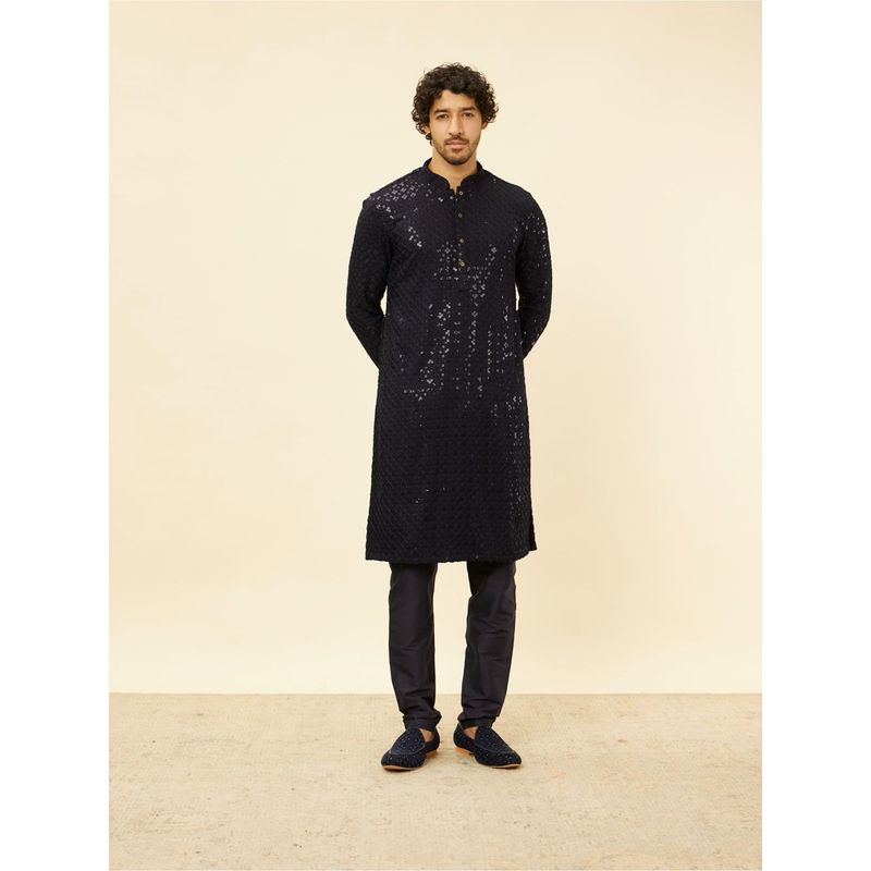 Manyavar Mens Blue Viscose Embroidered Kurta Pyjama (Set of 2) (L)