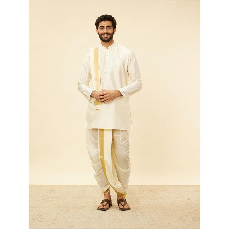 Manyavar Mens Cream Art Silk Solid Kurta Pancha (Set of 3) (M)