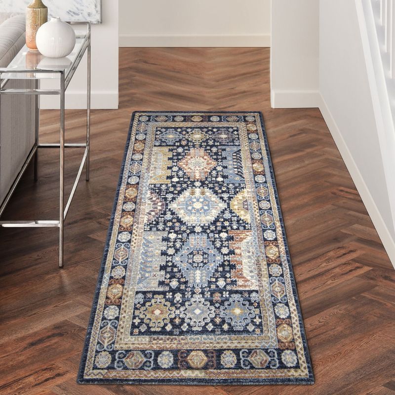 OBSESSIONS Anti-Static Machine Made Polyester Bedside Runner, Navy Blue & Yellow (2 x 5 Feet)