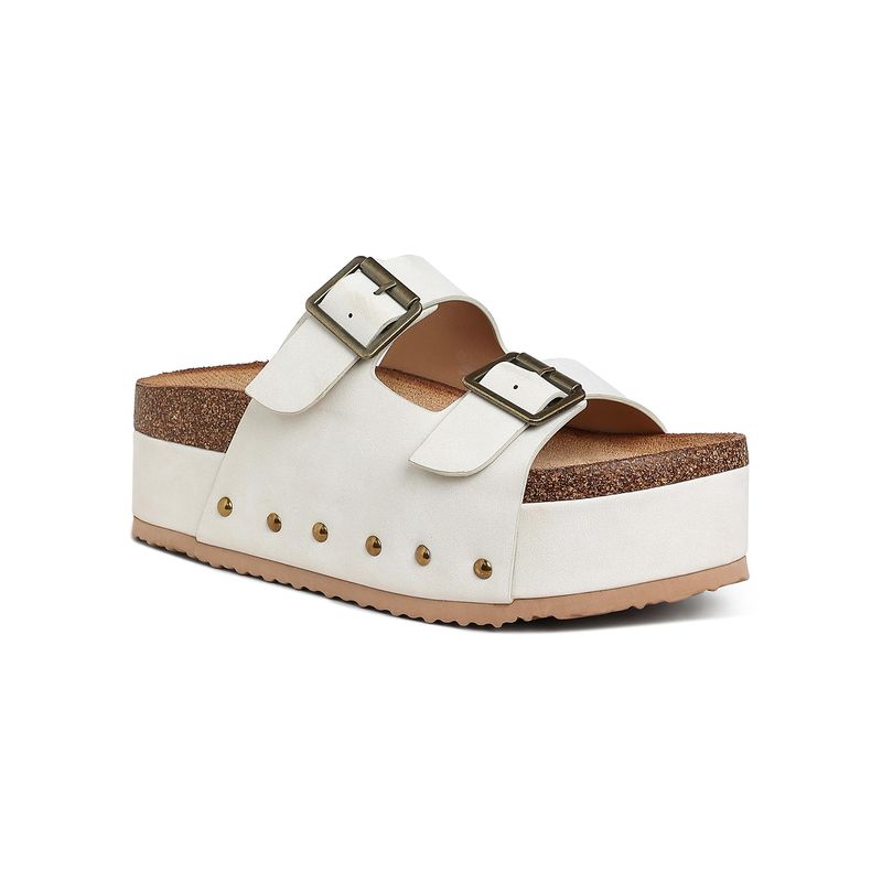 London Rag Women Studded Faux Leather Slip On White Sandal Heels (EURO 37)