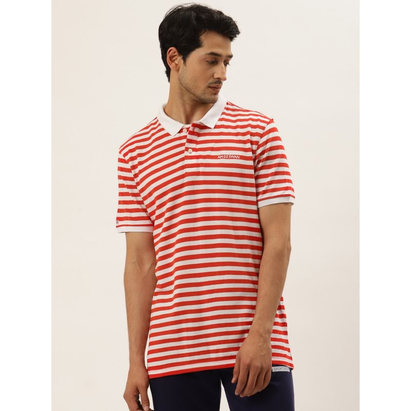 AM SWAN Mens Stripes Astral Aura-Red Polo T-Shirt (S)