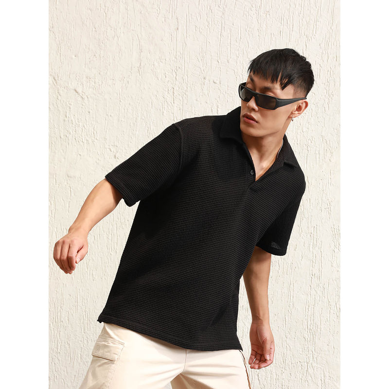 Hubberholme Men Black Summer Cotton Textured Polo Collar Oversized T-Shirt (M)