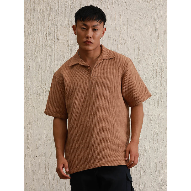 Hubberholme Men Brown Summer Cotton Textured Polo Collar Oversized T-Shirt (M)