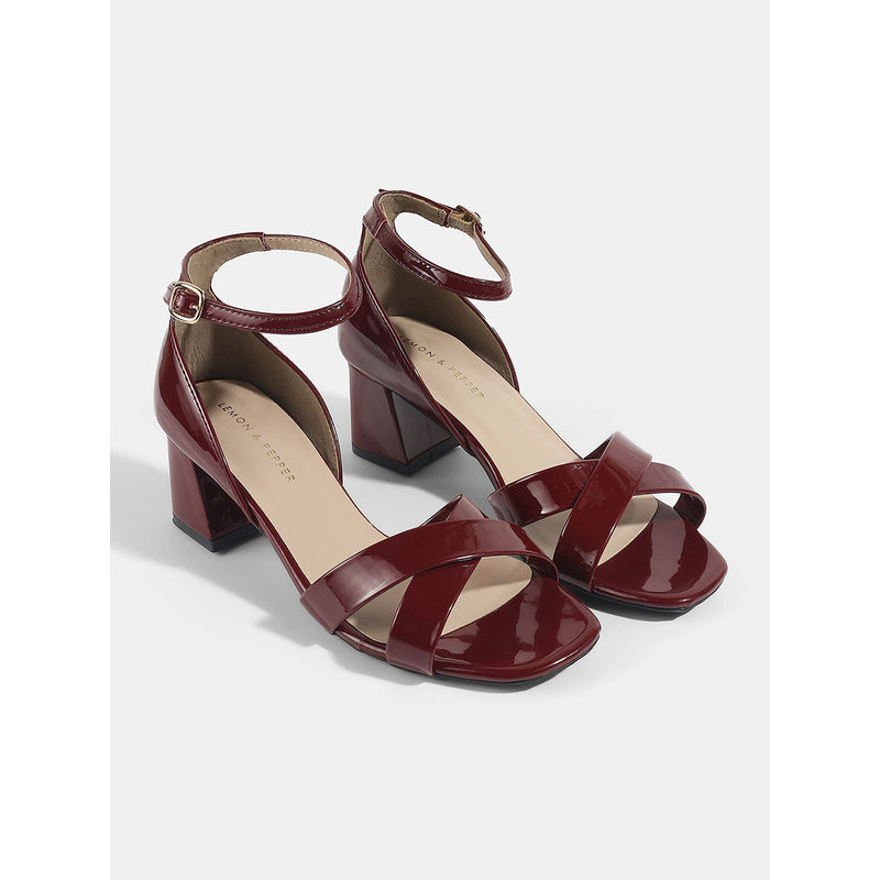 Lemon & Pepper Maroon Block Heel Ankel Strap Sandals (EURO 35)