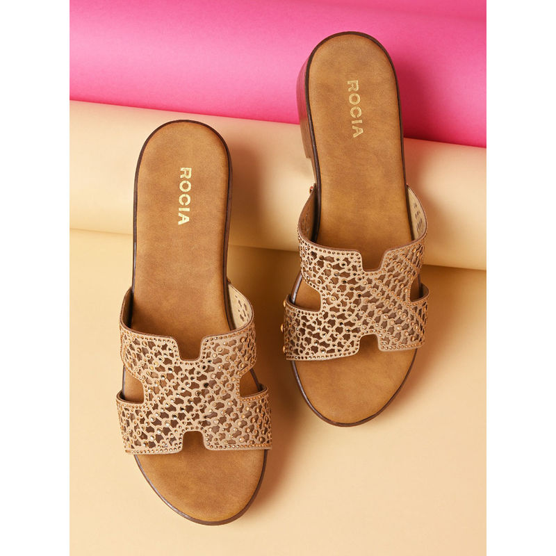 ROCIA By Regal Beige Women Diamond Studded Vinyl H Block Heels Sandals (EURO 36)