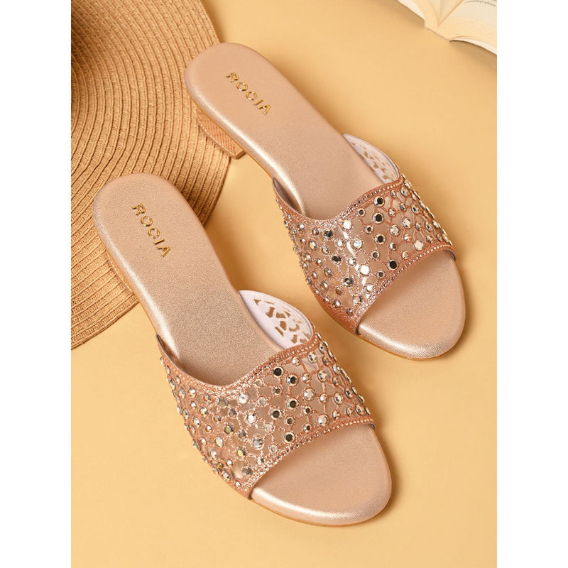 ROCIA By Regal Rose Gold Women Fancy Mesh Studded Block Heels Sandals (EURO 38)