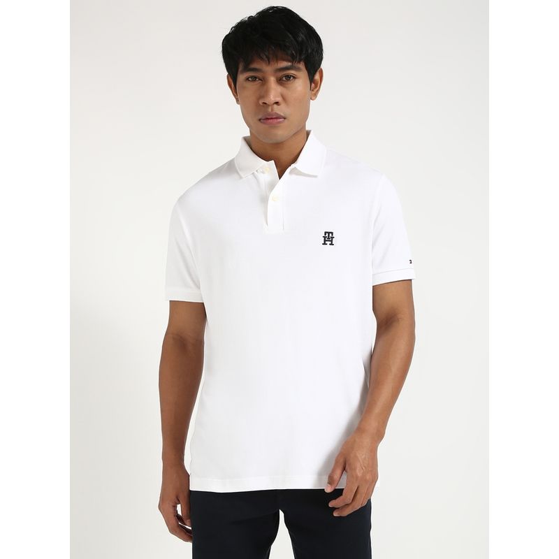 Tommy Hilfiger White Solid Regular-Fit Cotton Polo T-Shirt (S)