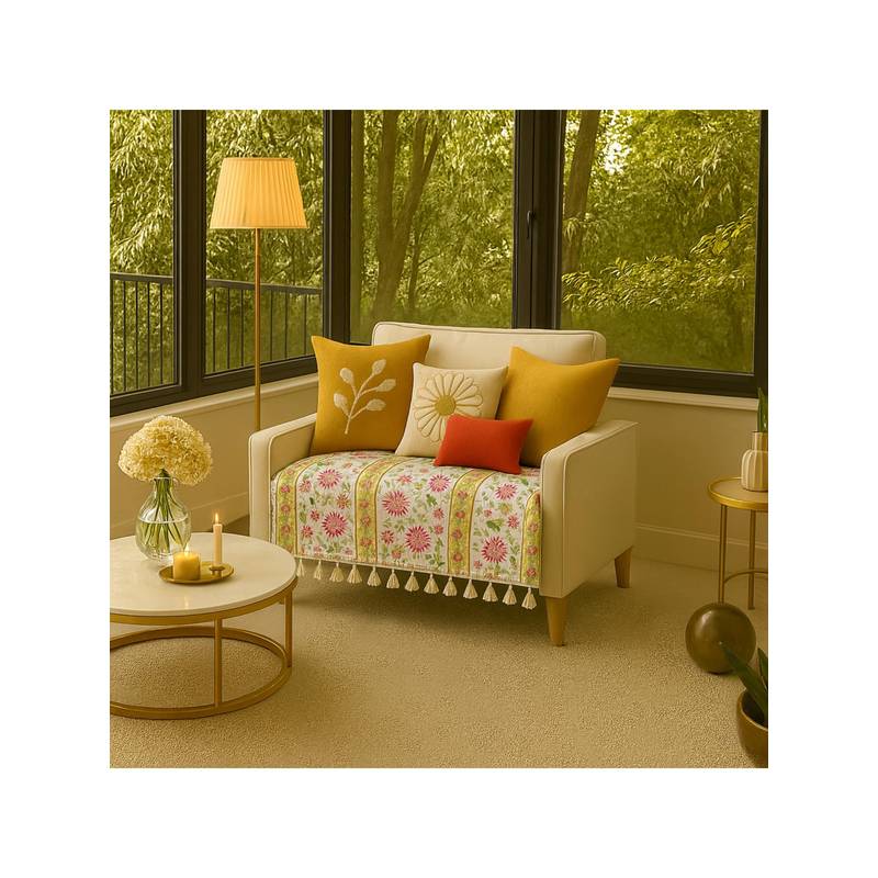 THROW PILLOW Mustard Blossom Printed With Tassels Sofa Cover 1Pc 65x65 cm (1 Seater)
