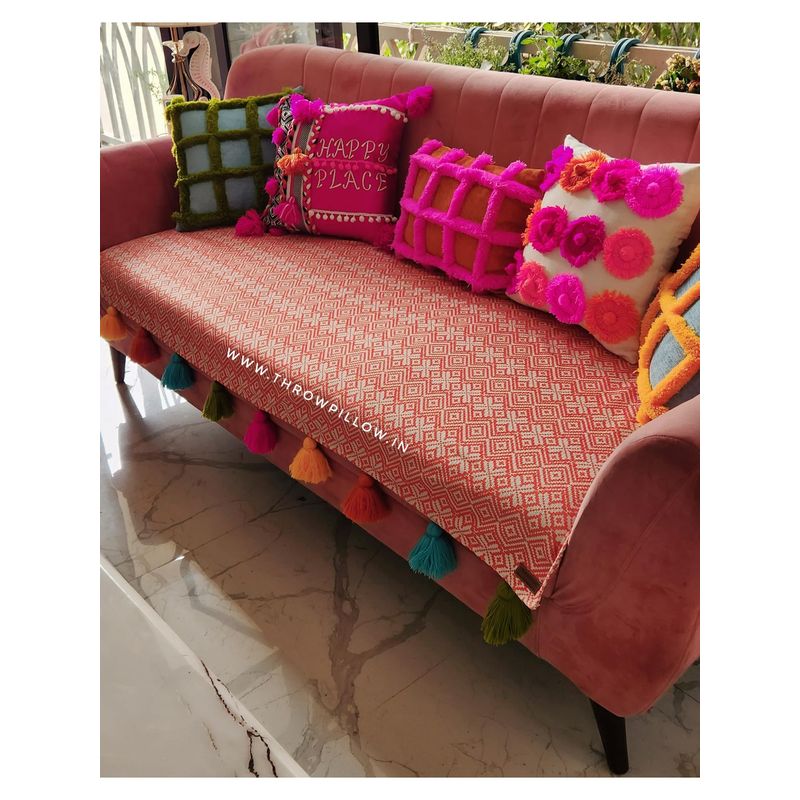THROW PILLOW Orange Aztec With Multicolour Tassels Sofa Cover 1Pc 65x65 cm (1 Seater)