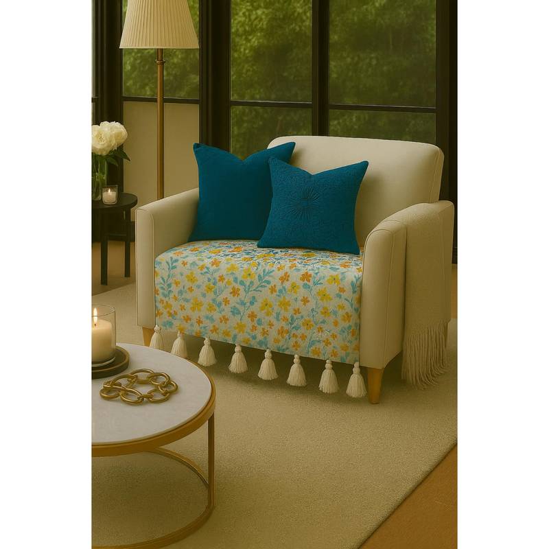 THROW PILLOW Floral Breeze Printed With Tassels Sofa Cover 1Pc 65x65 cm (1 Seater)