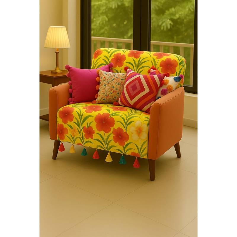 THROW PILLOW Yellow Floral With Multicolour Tassels Sofa Cover -1Pc 65x130 cm (1 Seater)
