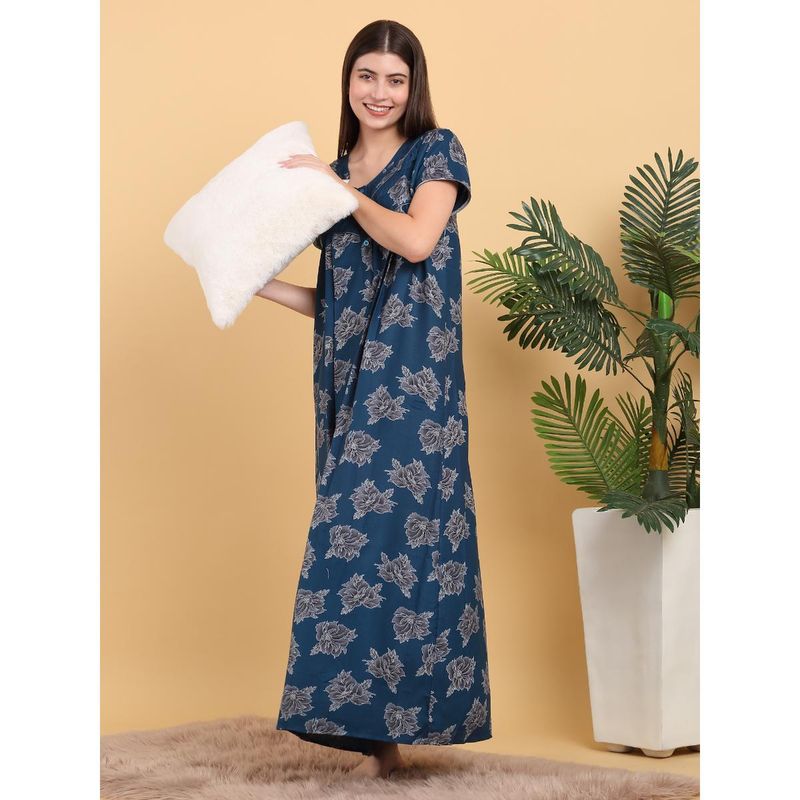Sweet Dreams Women Blue Floral Printed Round Neck Nightdress (M)