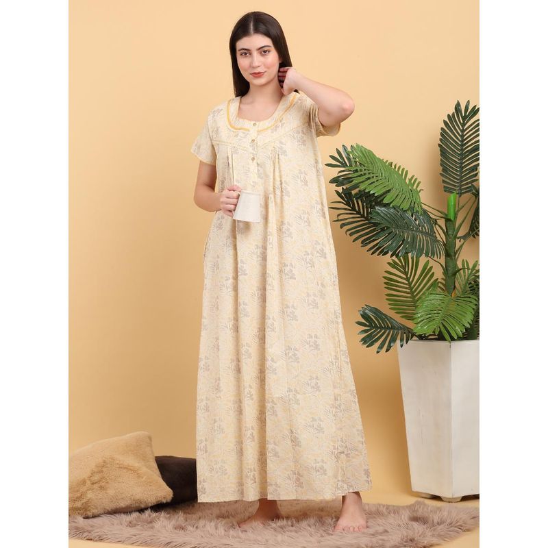 Sweet Dreams Women Yellow Printed Round Neck Nightdress (XL)