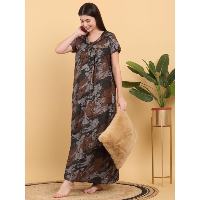 Sweet Dreams Women Olive Printed Round Neck Nightdress (M)