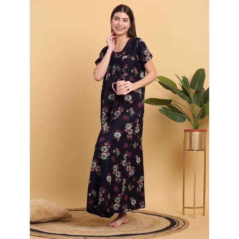 Sweet Dreams Women Navy Blue Floral Printed Round Neck Nightdress (XL)
