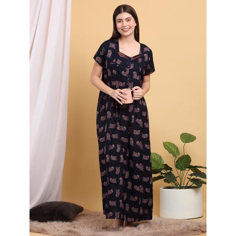 Sweet Dreams Women Navy Blue Paisley Printed Square Neck Nightdress (M)