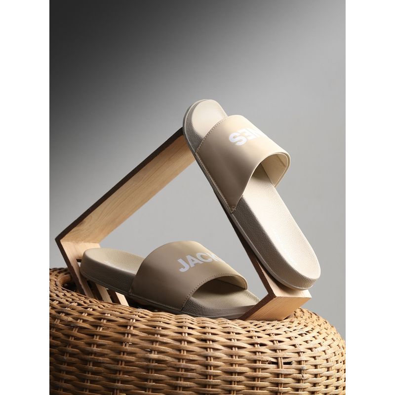 Jack & Jones Beige Logo Print Pool Sliders (EURO 43)
