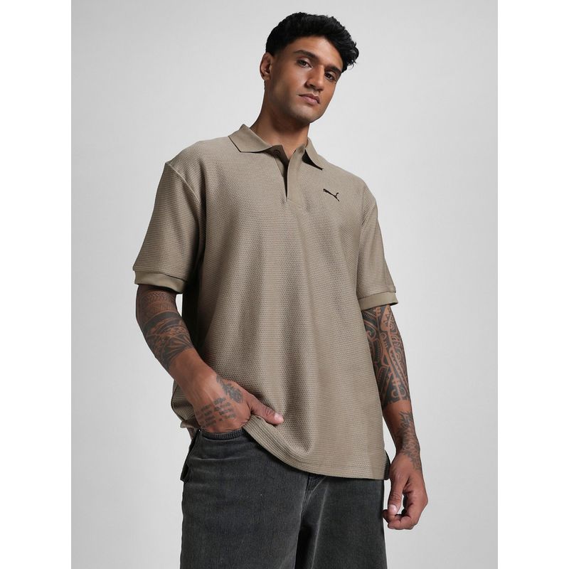 Puma Brown Premium Relaxed Fit Jacquard Polo T-shirt (S)