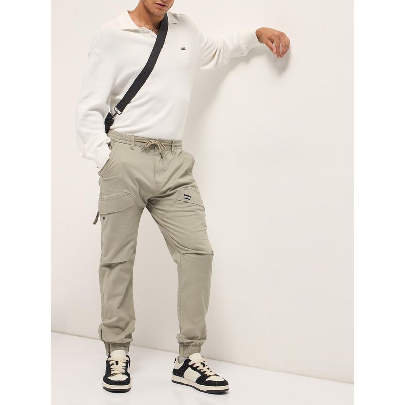 THE BEAR HOUSE Mens Beige Relaxed Fit Solid Cotton Joggers (S)