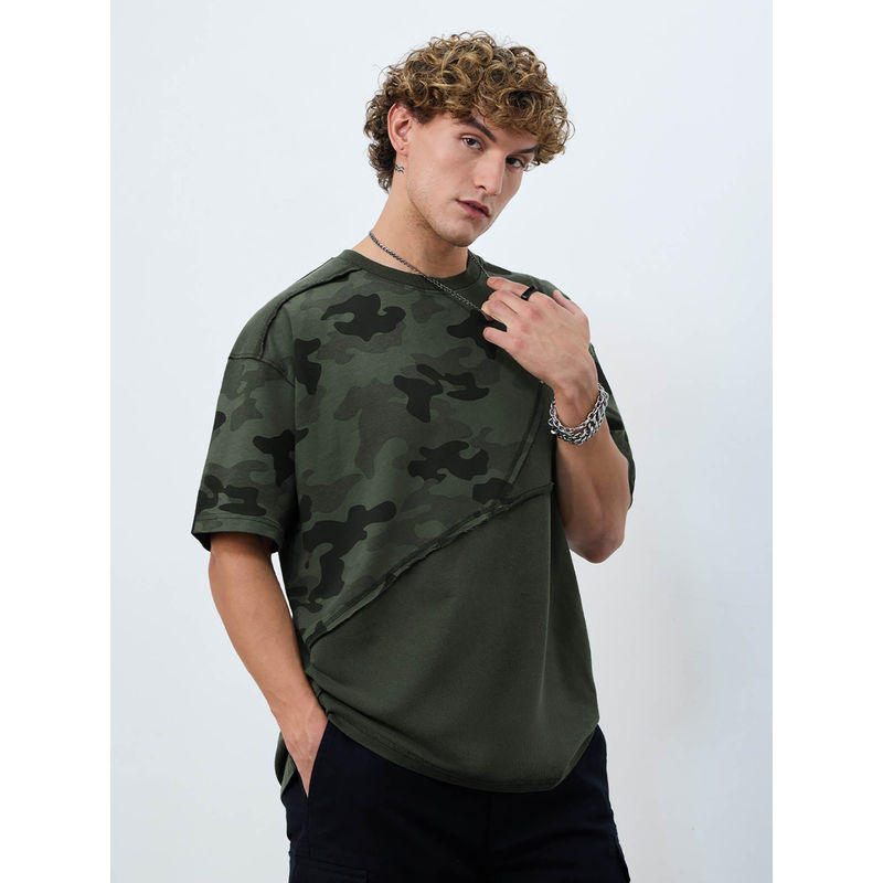 The Souled Store Originals Panel Detail: Forest Camo Green Oversized T-shirt (XS)