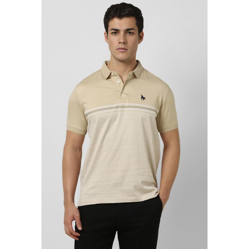 Van Heusen Men Beige Printed Polo Neck T-shirt (S)