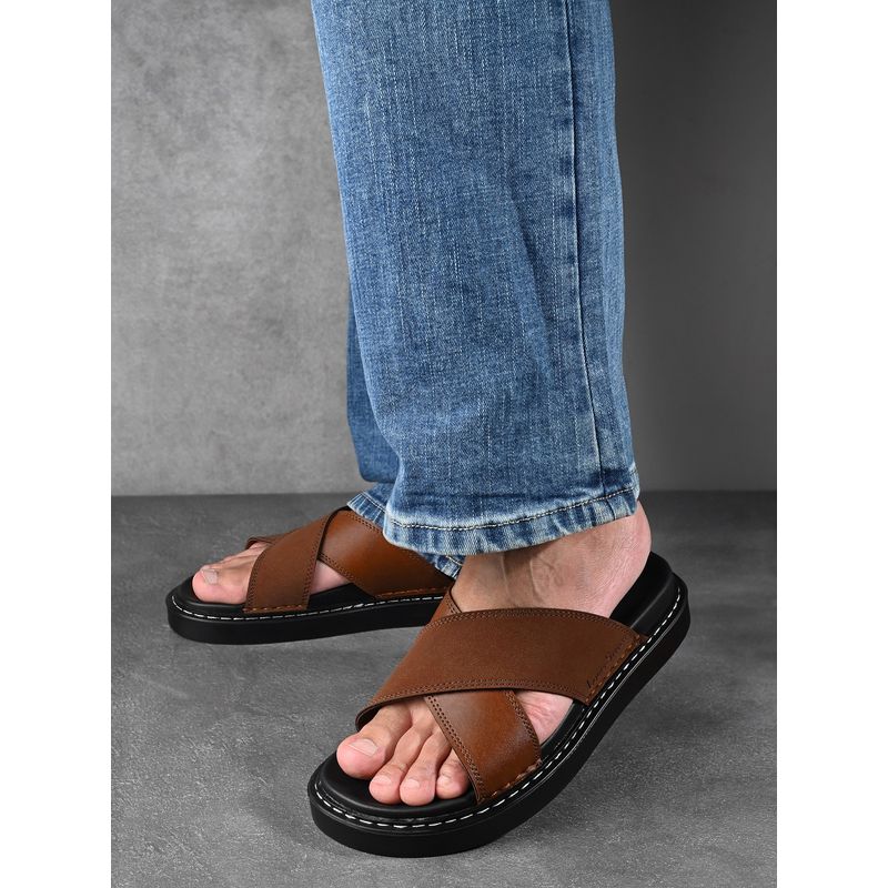 Louis Stitch Tan Lightweight Cross Strap Slip-On Sandal with PU Cushion Sole (UK 8)