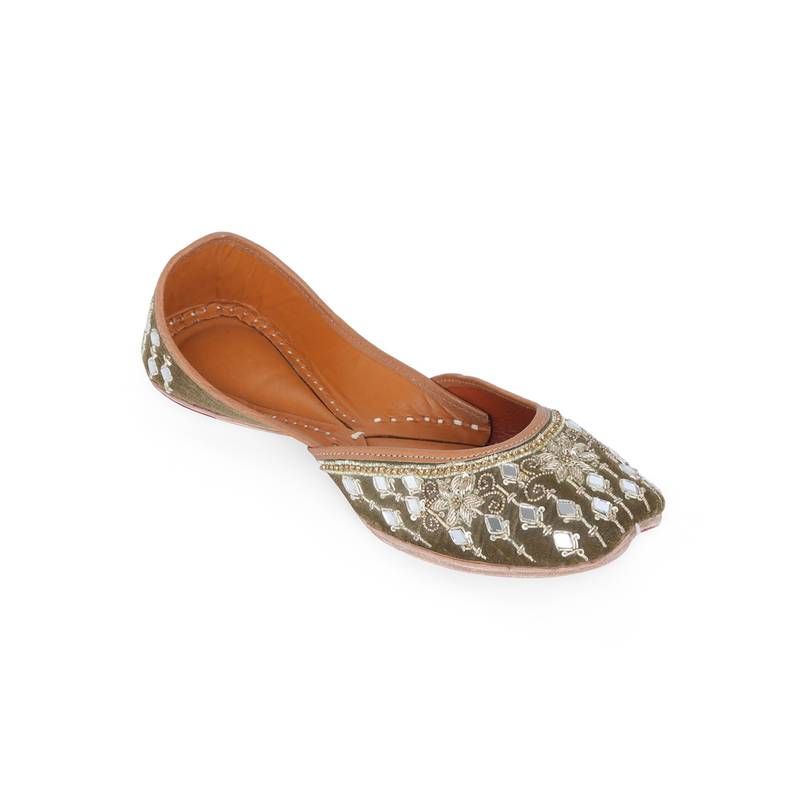 NR BY NIDHI RATHI Olive Mirror and Golden Work Handcrafted Leather Ethnic Juttis (EURO 36)